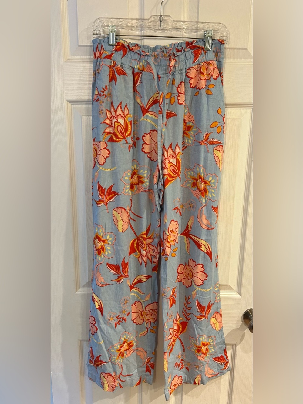 Floral Wide-Leg Bootcut Pants in Light Blue size M